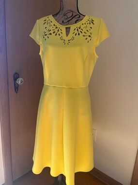 Sandra Darren Yellow Midi Dress with Laser-Cut Yoke